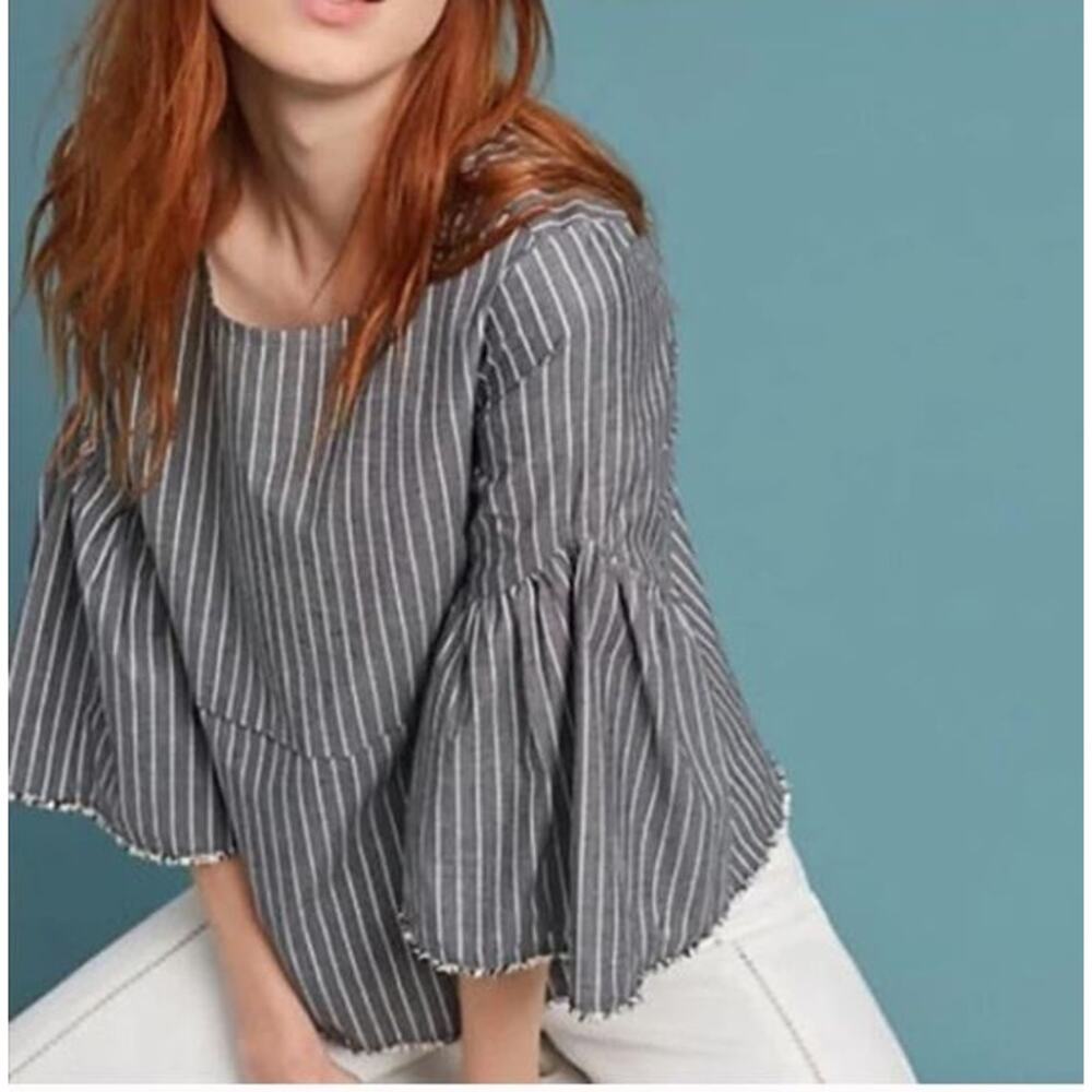 Dolan Anthropologie Striped Bell Sleeve Top Charcoal Gray Small